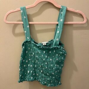 American Eagle Outfitters Teal Daisy Smocked Crop Top